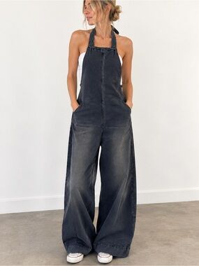Wide-Leg Halter Denim Overalls - Black